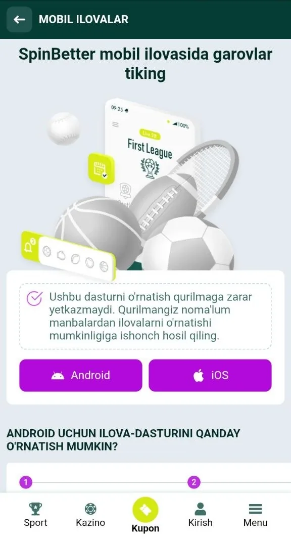 SpinBetter yuklab olish — mobil mijozni yuklab olish sahifasi