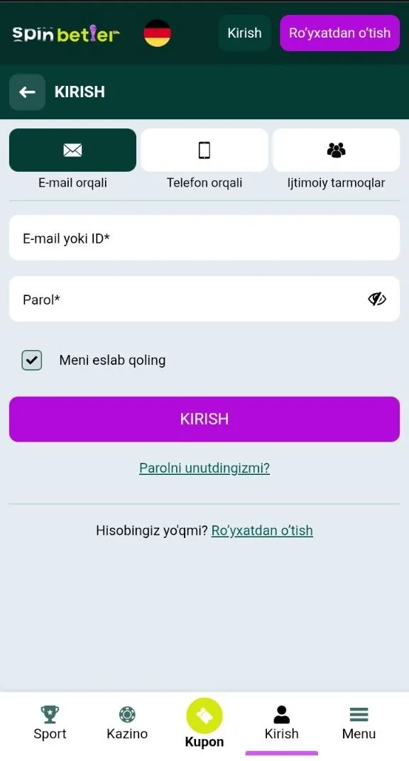 SpinBetter kirish — shaxsiy kabinetga kirish shakli