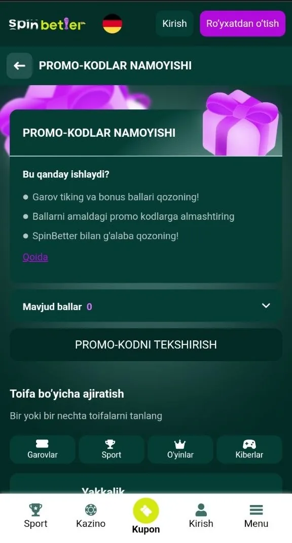 SpinBetter promo kodi — hisob ochishda kod kiritish maydoni
