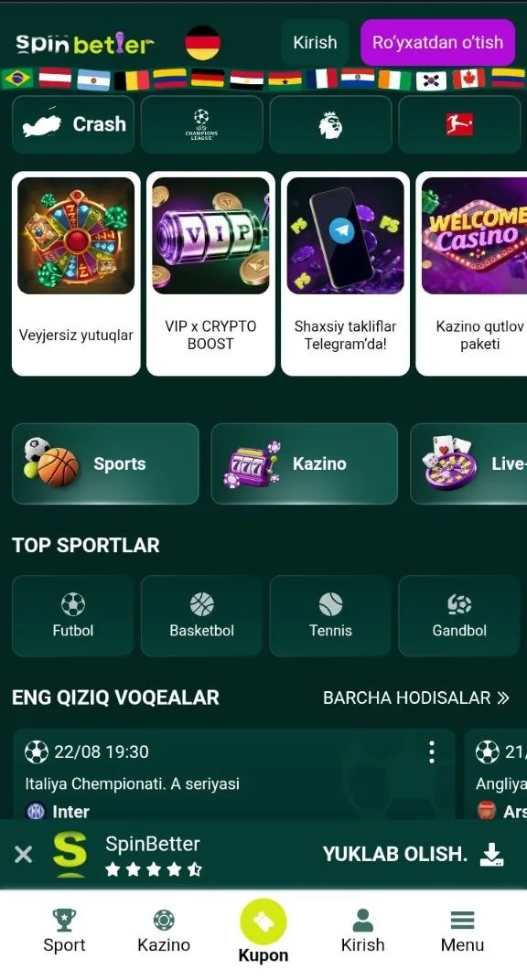 Kazino SpinBetter — Oʻzbekiston uchun saytimizning bosh ekrani